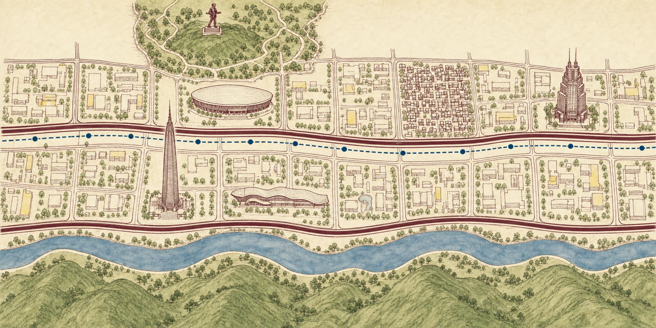 A hand-drawn overhead street plan of central Shenzhen, north at the top, from Chegongmiao in the west to Luohu in the east. Shennan Boulevard runs across the middle with the metro line beneath it and Binhe Avenue below. Lianhua Hill park with the Deng Xiaoping statue and the Civic Center are above the boulevard; Ping An Finance Centre and the Convention Centre below it; the Huaqiangbei electronics market and the Diwang Building to the east. The Shenzhen River and the Hong Kong hills run along the bottom.
